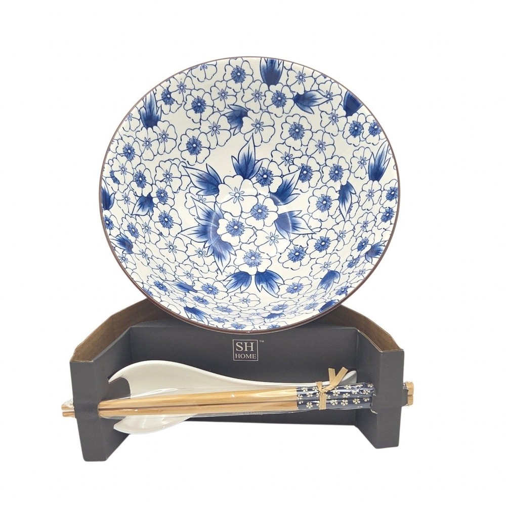 SH Home Blue Cherry Blossom Ceramic Ramen Noodle Bowl Set 42oz Chopsticks Spoon